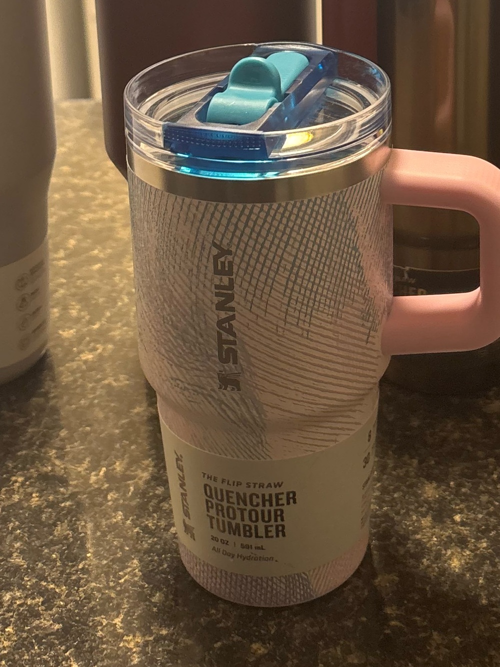 Stanley Pink Travel Tumbler with Blue Flip Straw Lid 20oz